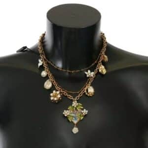 Gold Brass Crystal Floral Statement Charms Necklace