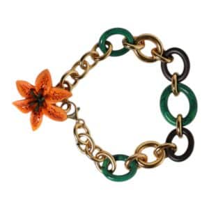 Multicolor Gold Brass Orange Lily Floral Chain Necklace