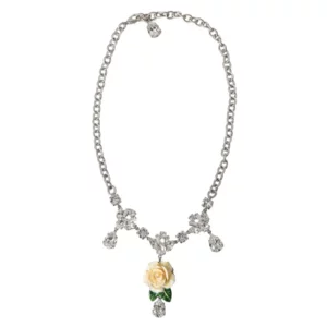 Silver Brass Clear Crystal Roses Pendants Necklace
