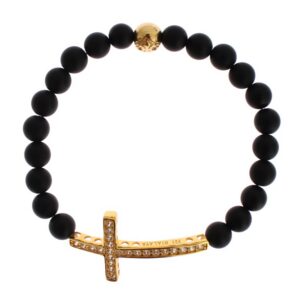 Matte Onyx Stone Gold CZ Cross 925 Silver Bracelet