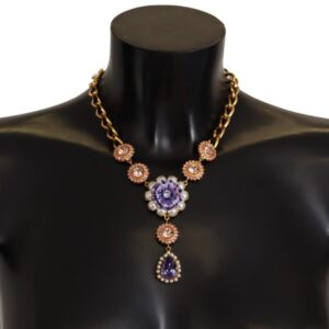 Gold Brass Crystal Purple Pink Pearl Pendants Necklace