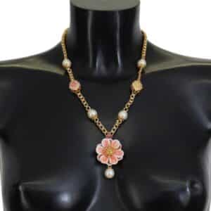 Gold Tone Floral Crystals Pink Embellished Necklace