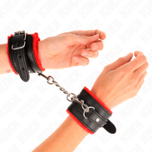 KINK - PREMIUM PELZGEFÃœTTERTE HANDGELENKFESSELN ROT MIT SCHWARZEM GÃœRTEL VERSTELLBAR 17-29 CM X 6 CM